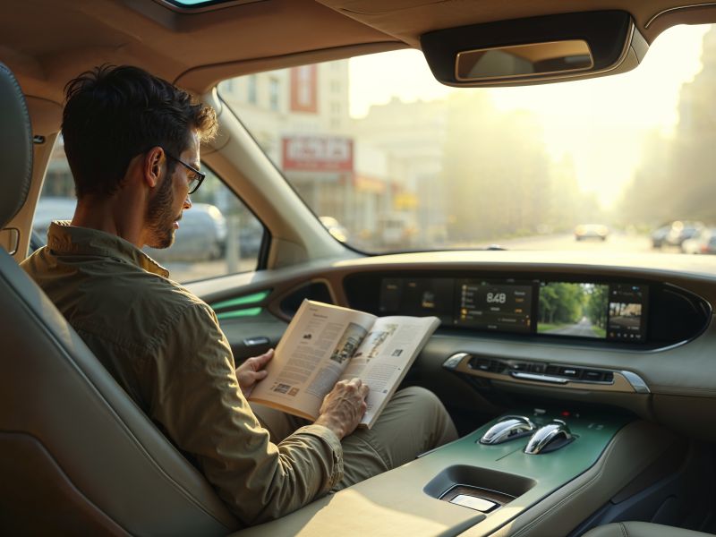 A man reading while a car is on autodrive