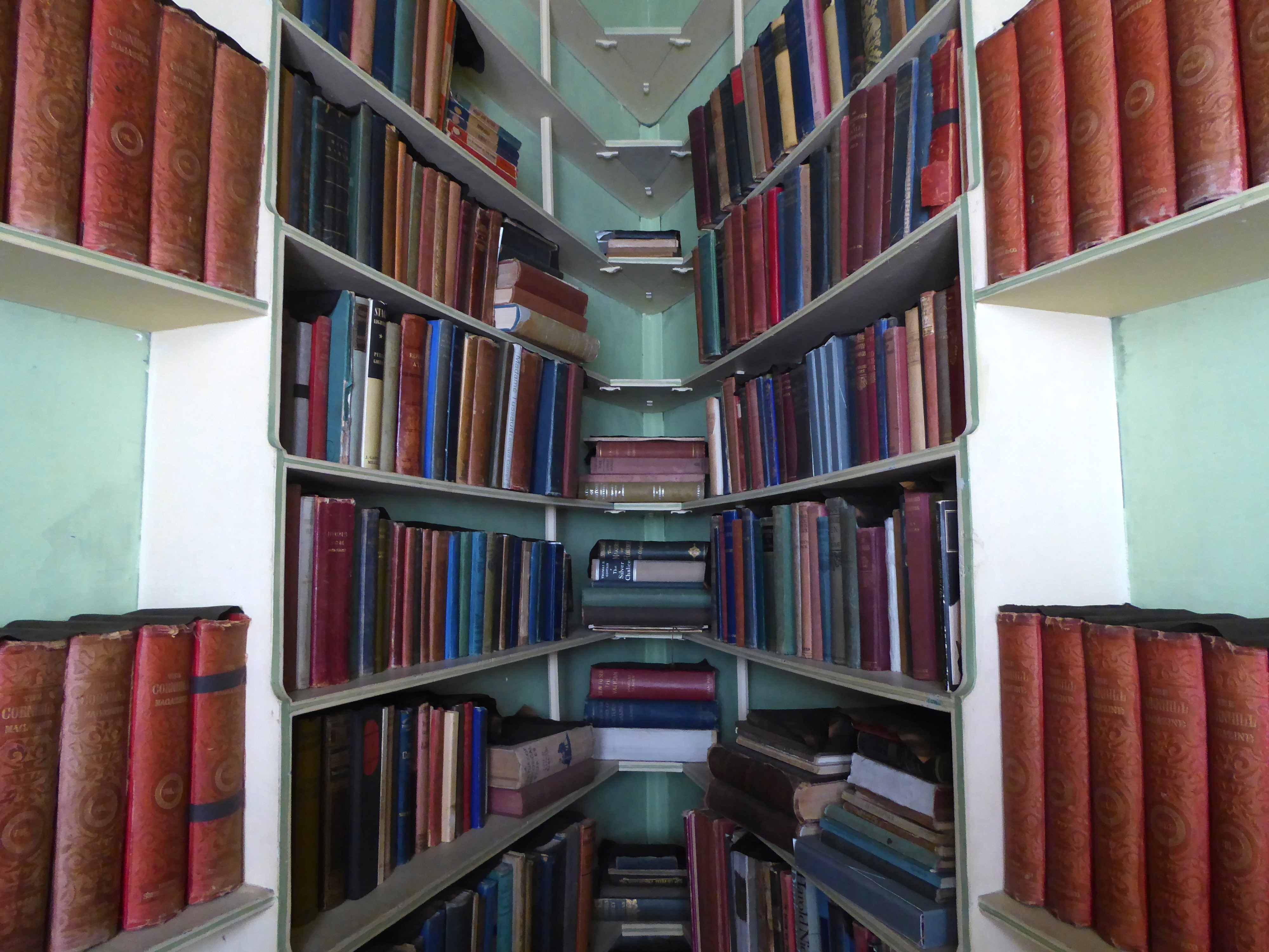 view inside a narrow bookcase filled with books