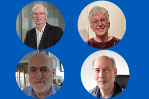 A blue background with four circles showing the pictures of (L-R, top to bottom, John Bent, Pauline Green, Alan Russell, Laurence Wale)